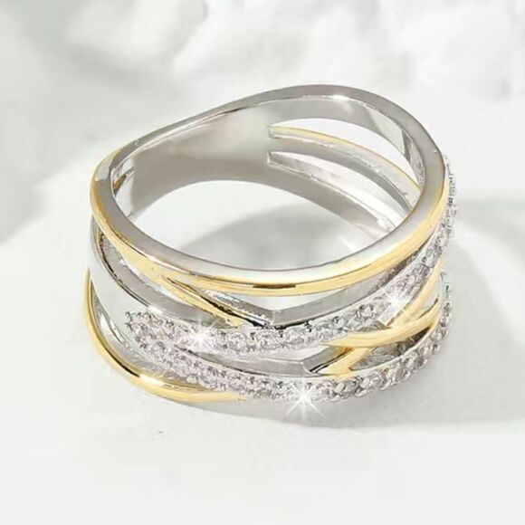 14K Two Tone Gold and Silver Plated Ring with Criss Cross Zircon Band - Picture 7 of 9